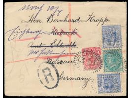 Neu Süd Wales,  1/2 d. 1 d. und 2x 2 d. auf  Einschreibbrief  mit Nummernstempel 351, nach Deutschland, handschriftlicher R-V