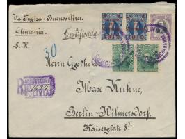 Mischfrankatur 20 C. Esteban Arze mit Aufdruckprovisorien 1911 2 x 5 C. und 1912 2 x 10 C. auf  Einschreibbrief  von  Cochaba
