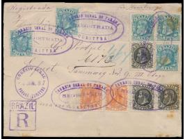 Dom Pedro  3 x 10 Reis schwarz (1882), 2 x 10 Reis orange (1885) und 5 x 50 Reis (1881) mit 2 x Ziffer 100 Reis (1885) als un