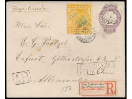 Ganzsachenumschlag 200 Reis mit  Zeitungsmarke 700 Reis auf 500 Reis  (1898) als  Einschreiben-Rückschein  nach Deutschland, 