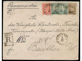 Ausgabe 1889: 10 St., 25 St. und 50 St. mit 15 auf 30 St. (1892) auf  Einschreibbrief  mit Stempel  Sophia  9.11.92 nach Deut