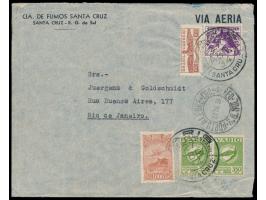 Luftpostbrief  mit  VARIG  von Santa Cruz nach Rio de Janeiro, Frankatur 1200 Reis mit Zwangszuschlagsmarke 100 Reis und 2 x 