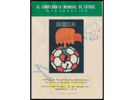 Original-Unterschriften &nbsp;Pelé &nbsp;und &nbsp;Zagallo &nbsp;auf kleinem Werbe-Faltblatt für die Fußball-WM &nbsp;in Mexi