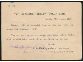 Dienst - Ganzsache On H.M.S., Stempel Colombo 18.8.99,  R1 Free,  rückseitig Zudruck  "C" Company Ceylon Volunteers,  Untersc