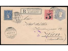 Ganzsachenumschlag Colon 10 C. mit Zusatzfrankatur Colon 5 C. blau und 5 C. auf 30 C. rot als  Einschreiben  nach Wien, Stemp