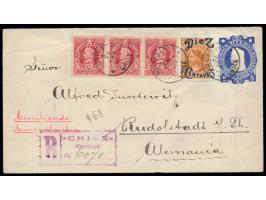 Ganzsachen-Umschlag 5 C. mit Zusatzfrankatur 3 x 2 C. und 10 C. auf 30 C. Colon als  Einschreiben  nach Deutschland, Stempel 