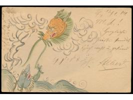 Postkarte mit mehrfarbiger  Tuschezeichnung  (Märchenszene?), Frankatur Deutsche Post 10 Pf., Stempel  Tschifu  12.1.05, nach