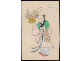 Shanghai 1910: 2 Postkarten mit rückseitig mehrfarbigen  Tuschezeichnungen  (Chinesen), bei beiden Frankatur abgefallen, Stem