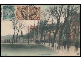 The Bund Shanghai;  kolorierte Ansichtskarte mit bildseitig 2 x C.I.P. 1/2 C. und 3 C. mit Stempel Shanghai 14.11.11 nach Deu