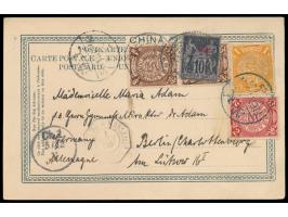 Ansichtskarte Pei-Tai-Ho nach Deutschland, Frankatur  C.I.P.  2 x 1/2 C., 1 C. und 2 C. mit blauem Stempel  Tientsin  28.10.0