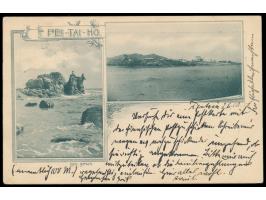 Ansichtskarte Pei-Tai-Ho nach Deutschland, Frankatur  C.I.P.  2 x 1/2 C., 1 C. und 2 C. mit blauem Stempel  Tientsin  28.10.0