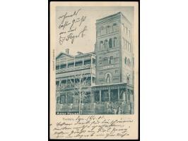 1901: Ansichtskarte Tientsin - Astor House mit  Fünf-Länder-Frankatur:  China, Indien, Japan, Russland und USA mit den Stempe