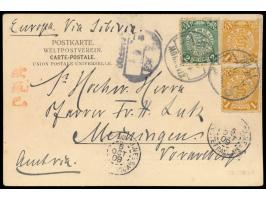 C.I.P. 2 x 1 C. und 2 C. mit Stempel  Kiaochow  auf Ansichtskarte "Alter Chinese" nach Deutschland, Durchgangsstempel des fra
