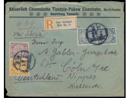 Vordruckumschlag  "Kaiserlich Chinesische Tientsin-Pukow Eisenbahn, Nordstrecke / Bauleitung Tsinanfu"  als Einschreibbrief n