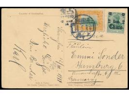 1. Regierungsjahr des neuen Kaisers  2 C. zusammen mit Deutsche Post 2 C.  auf Ansichtskarte "Shanghai - Bund" nach Deutschla