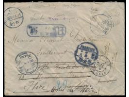 1 C., 8 x 3 C. und 5 C. Dschunke rückseitig auf  Einschreibbrief  via Französisch-Indochina nach Frankreich, Entwertung durch