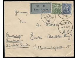 25 und 50 Ct., auf Luftpostbrief Canton 9 (Tungshan) 15.12.33 nach Deutschland, via Bandoeng - Amsterdam, Absender Professor 