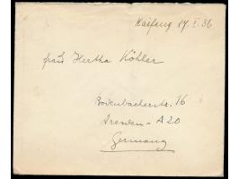 Viererblock  5 C. Sun Yatsen rückseitig auf Brief mit Stempel  Kaifeng  17.1.1936 nach Deutschland, Bedarf
