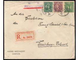 Sun Yatsen 15 C. und Märtyrer 30 C. und 50 C. auf  Einschreibbrief  mit Stempel  Canton S.O. No. 4  22.8.27 (1938) nach Deuts