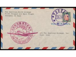 PANAM-Erstflug nach USA  7.6.1947: 2 Luftpostbriefe mit Sonderstempel nach New York bzw. Guam, 1 x Einzelfrankatur Sun Yatsen