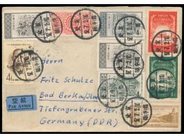 Luftpostbrief nach Deutschland, frankiert mit 9 Sondermarken (7 verschiedene), Stempel Peking 2.7.57
