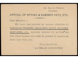 Ganzsache 1 C. (Han No. 1) mit rückseitigem  Zudruck  "... Arrival of Spring &amp; Summer Hats ... La Belle Jardinière", Stem