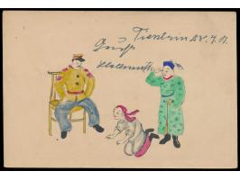 Ganzsache 1 C. (Han Nr. 1) mit rückseitig mehrfarbiger  Tuschezeichnung  der Überstellung eines Boxers an einen Offizier eine