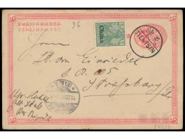 Ganzsache 1 C. (Han Nr. 1) mit rückseitig mehrfarbiger  Tuschezeichnung  einer Landschaftsdarstellung mit zwei kämpfenden Rau