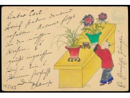 Ganzsache 1 C. (Han Nr. 2) mit rückseitig mehrfarbiger  Tuschezeichnung  Blumenpräsentation nach Deutschland, Stempel Shangha