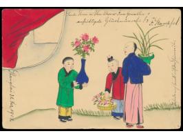 Ganzsache 1 C. (Han Nr. 2) mit rückseitig mehrfarbiger  Tuschezeichnung  von 3 Chinesen mit Blumen Zusatzfrankatur Deutsche P