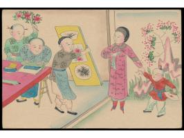 1908, Ganzsache C.I.P. 1 C. grün (Han Nr. 6) mit rückseitig mehrfarbiger  Tuschezeichnung,  ungebraucht
