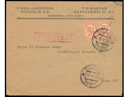 Stempel  Tallinn  18.10.28 und roter R1  Paquebot  auf Firmenbrief aus Helsinki mit 2 x Finnland 1 M., nach Wien, Bedarf
Stic