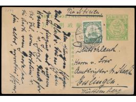 1908, Ganzsache C.I.P. 1 C. grün (Han Nr. 6) mit rückseitig mehrfarbiger  Tuschezeichnung,  Zusatzfrankatur  Kiautschou 2 C. 