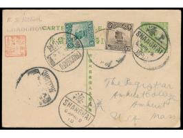 Ganzsache 1 C. Dschunke (Han No. 14) mit Zusatzfrankatur 1/2 C. und 3 C. Dschunke nach USA, Stempel  Chaochowfu,  Durchgangss