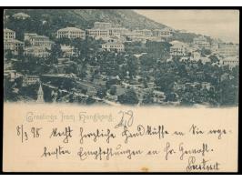 frühe Ansichtskarte (Kleinformat)  "Greetings from Hongkong" (Panorama)   von 1898,  Frankatur QV 4 C., Stempel  Hong-Kong D 