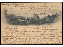 frühe Ansichtskarte (Kleinformat)  "Greetings from Hongkong" (Hafenpanorama),  Frankatur 2 x QV 2 C., Stempel  Hong-Kong  30.