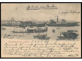 Ansichtskarte (Kleinformat)  "Greetings from Canton" (Hafen),  Frankatur QV 4 C., undeutlicher Stempel (Canton), nach Deutsch