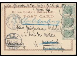 Ansichtskarte (Kleinformat)  "Greetings from Canton" (Dschunkenhafen) , Frankatur 3 x QV 2 C., Stempel  Hong-Kong  11.9.00, n