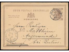 Ganzsache 3 C. mit Stempel  Shanghae   C  1.7.87 nach Deutschland, rückseitig Durchgangsstempel Hong-Kong 5.7.87, Ankunftstem