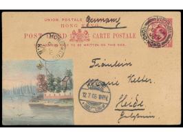 Ganzsache 4 C. mit vorderseitig mehrfarbiger Tuschezeichnung, Stempel  Victoria Hong-Kong  6.6.06 und  Hong-Kong K.B.  6.6.06