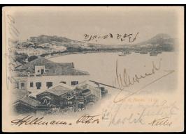 frühe Ansichtskarte (Kleinformat) "Bay of Macau" , Hongkong-Frankatur QV 5 C., Stempel Canton 2.2.00, nach Deutschland, Durch