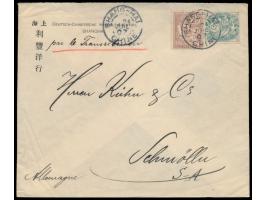 Französische Post,  5 C. und 20 C. auf Brief mit Stempel  Shang-Hai  24.7.07 "via Sibirien" nach Deutschland, vorderseitig zw