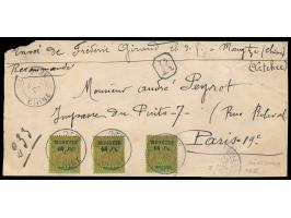 Französisch-Indochina, &nbsp;3 x 20 C. mit Aufdruck &nbsp;Mongtze &nbsp;auf Adressaufkleber für eine schwere Einschreibsendun