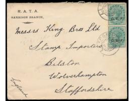 Indien:  2 x  C.E.F.  QV   1/2 Anna auf Brief mit vorderseitigem Absendereindruck "R.A.T.A. / Garrison Branch" nach England, 