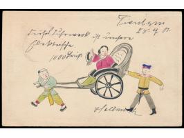 Japanische Post,  Ganzsache 1 1/2 Sen mit rückseitig mehrfarbiger chinesischer  Tuschezeichnung,  Stempel  Tientsin I.J.P.O. 