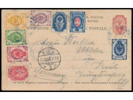 Russische Post,  Russland-Ganzsache 4 Kop. mit Zusatzfrankatur Russland 1 Kop. bis 14 Kop. nach Deutschland, 6 x kleiner blau