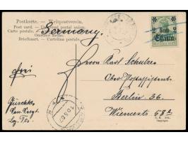 Russische Post,  Ansichtskarte mit Deutsche Post 2 C. nach Berlin,  undeutlicher Stempel des russischen Postamts  Tien-Tsin  