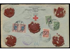 Russische Post,  2 Cents, 3 Cents, 2 x 15 Cents und 25 Cents rückseitig auf Vordruckumschlag der "Hülfsaktion für Deutsche u.