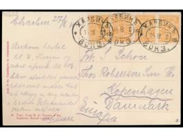 Russische Post in der Mandschurei,  4 x Russland 1 Kop. mit Ovalstempel  Charbin Woks. a  14.8.10 auf Ansichtskarte "Charbin 