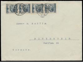 Freimarken für den Verkehr mit China 4 x 5 F. (1937) auf Firmenbrief nach Deutschland, Stempel  Harbin / Manchoukuo  15.5.37,